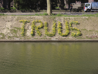 901641 Afbeelding van de naam 'TRUUS', uitgevoerd in narcissen, die verwijst naar de verzetstrijdster Truus van Lier, ...